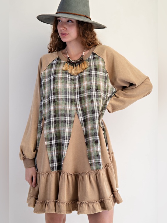 easel Dresses & Skirts - 544. Easel plaid washed oversized dress tan multicolor